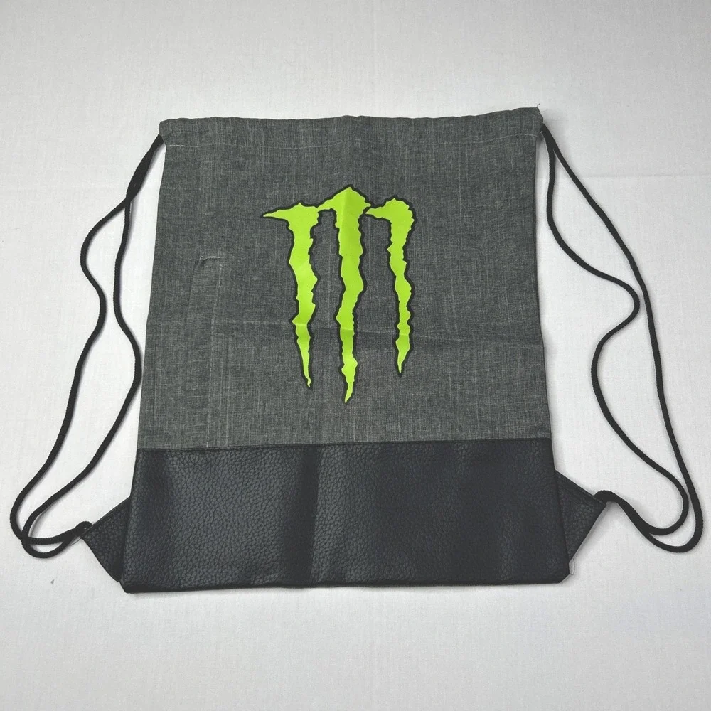 Monster Energy Drawstring Cinch Backpack Gray Front Zipper Pocket Green Logo